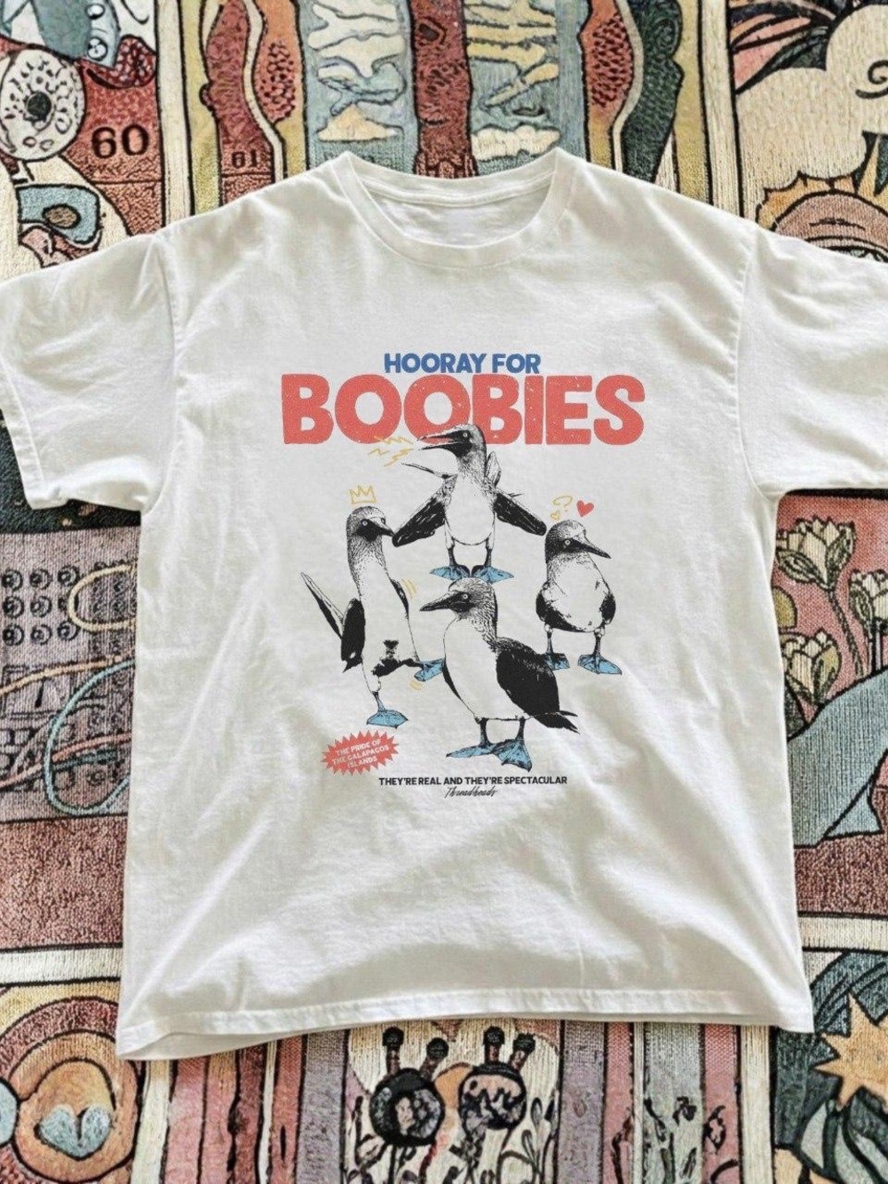 Gildan White Tee with Coral and Blue 'Hooray for Boobies' Graphic